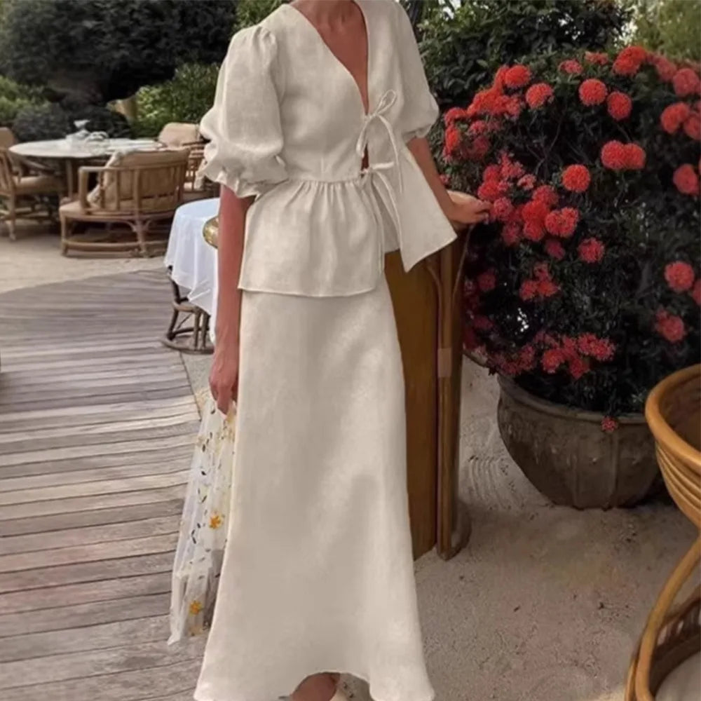 Women's Cotton V-Neck Bubble Sleeve Two-Piece Dress Set Two-Piece Dress Set Nixie Beige XXL