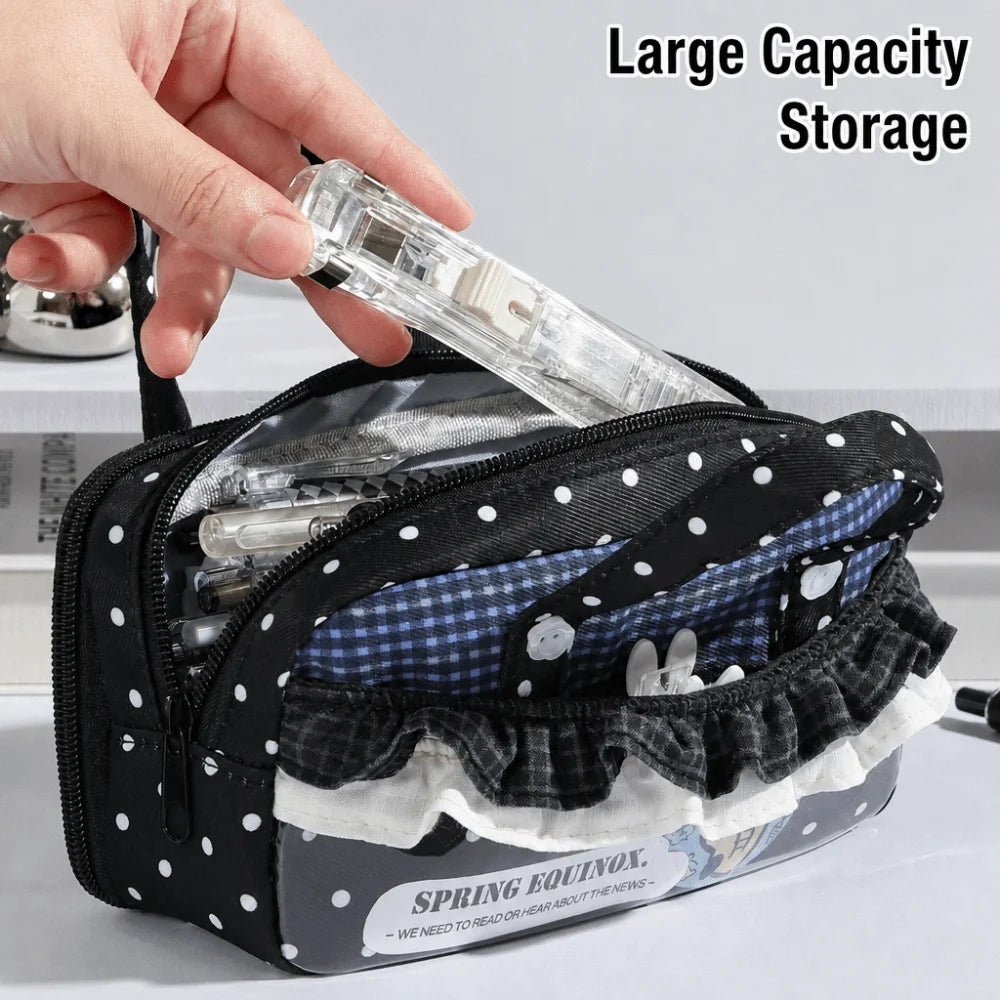 Kawaii Ruffle Lace Polka Dot Pencil Case | Clear Window Pouch Pencil Case Nixie