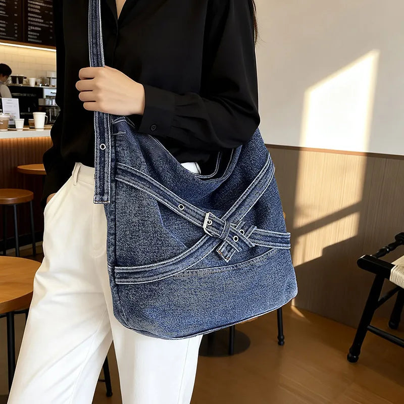 Vintage Washed Denim Tote Bag – Large Crossbody for Women Denim Tote Bag Nixie