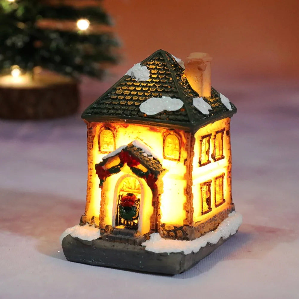 LED Miniature Christmas Village House Resin Ornament Decor Christmas Village Ornament Nixie White-Black A