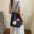 Korean Embroidered Floral Denim Tote Bag – Large Shoulder Bag Denim Tote Bag Nixie Flower