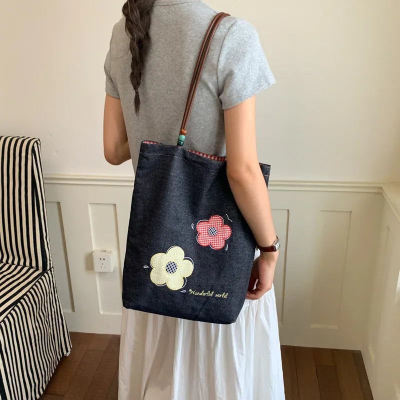Korean Embroidered Floral Denim Tote Bag – Large Shoulder Bag Denim Tote Bag Nixie Flower
