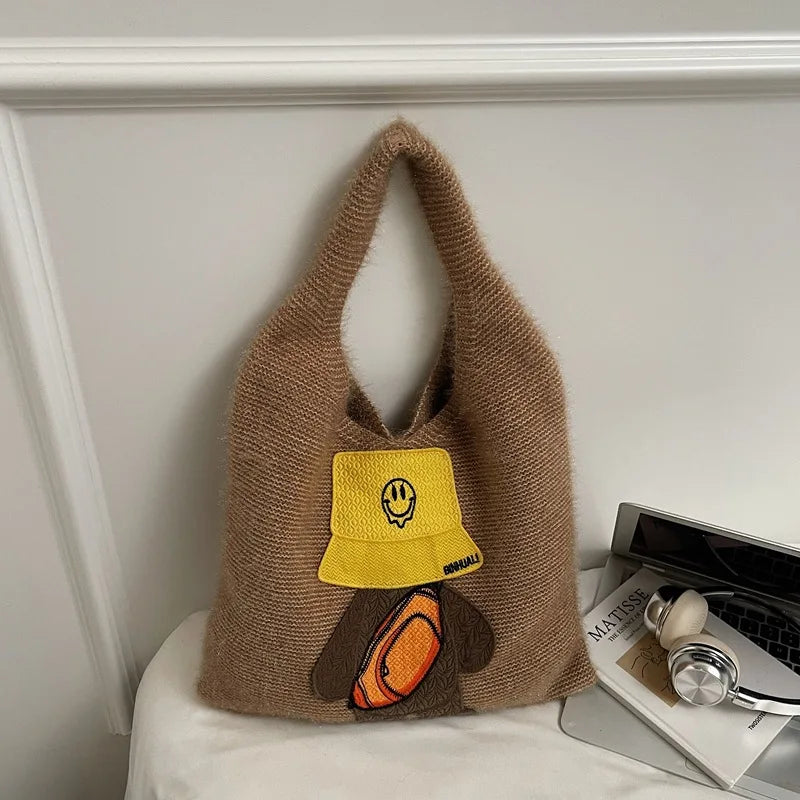 Women's Knitted Wool Bucket Bag – Cute Woven Shoulder Bag Knitted Shoulder Bag Nixie
