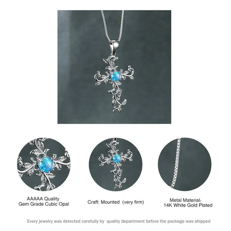 Silver Flower Vine Cross Pendant Imitation Opal Necklace Pendant Necklace Nixie