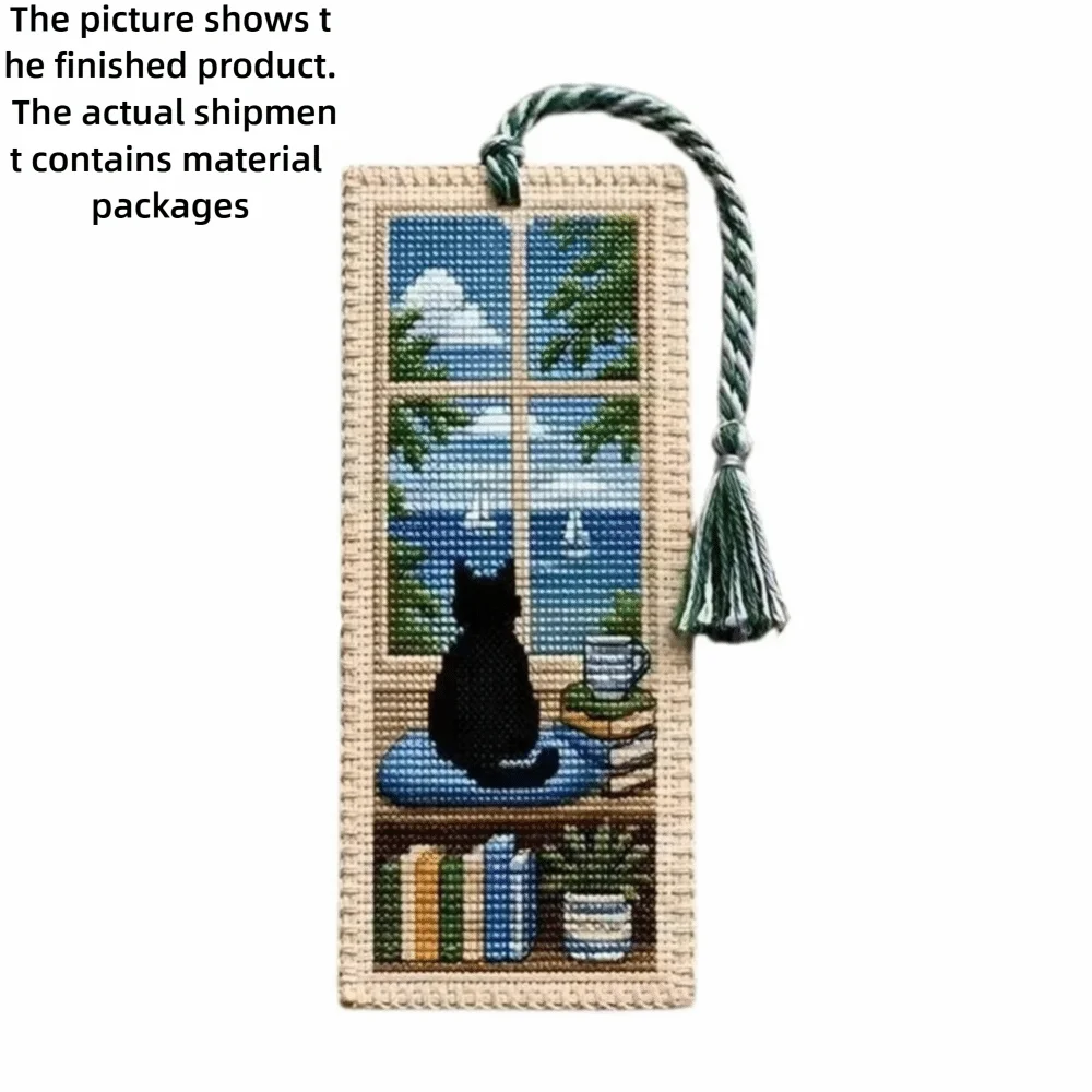 Seasonal Cat Cross Stitch Bookmark DIY Kit with Braided Tassel Cross Stitch Craft Kit Nixie B