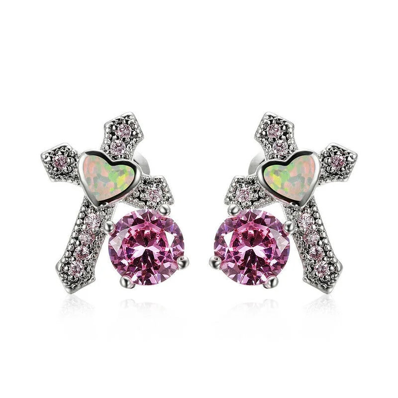 Heart Cross Opal Crystal Stud Earrings – Zinc Alloy Women