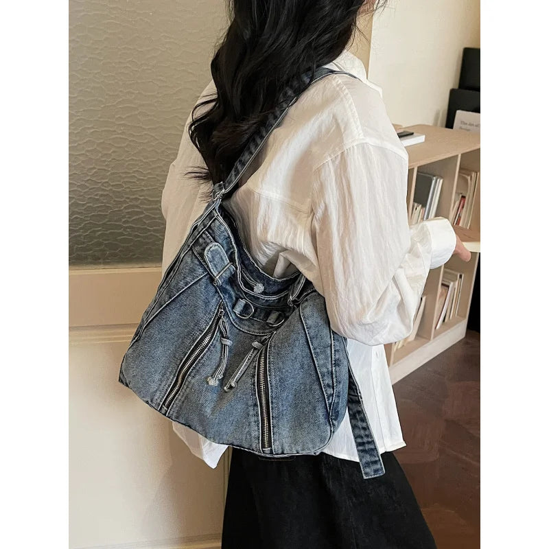 Vintage Denim Tote Bag – Large Crossbody Shoulder Bag Denim Tote Bag Nixie