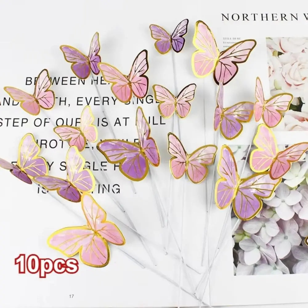 10PCS Colorful Butterfly Cake Toppers Gold Edge Party Decoration Cake Topper Set Nixie