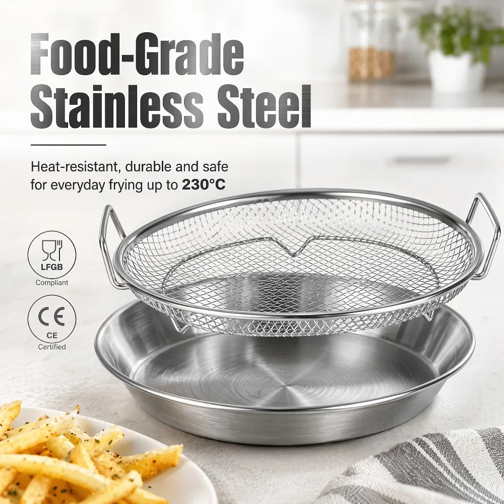 2-Pc Stainless Steel Frying Draining Basket & Tray Set Draining Basket Set Nixie