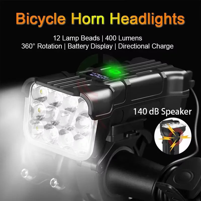 BUCKLOS 12 LED Bike Headlight USB Rechargeable + 140dB Horn Bike Headlight Nixie