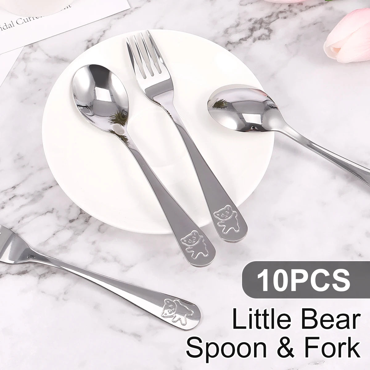 10-Piece Kids Stainless Steel Fork & Spoon Set – Cartoon Bear Kids Flatware Set Nixie