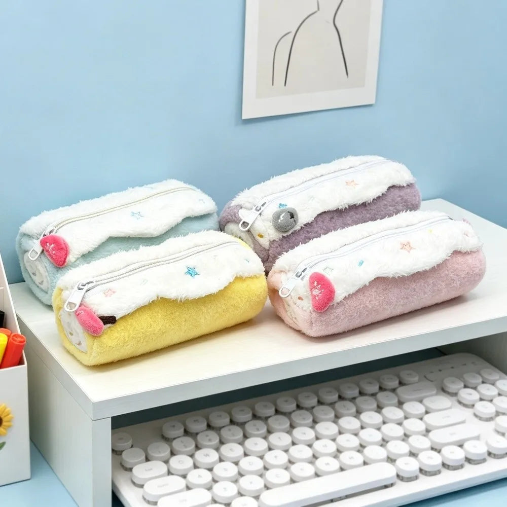 Kawaii Swiss Roll Plush Pencil Case – Star Embroidery Bag