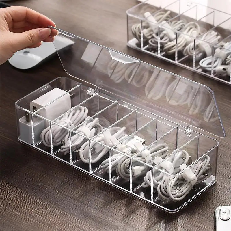 Dustproof Cable Organizer Box – 8-Compartment Clear Desktop Storage