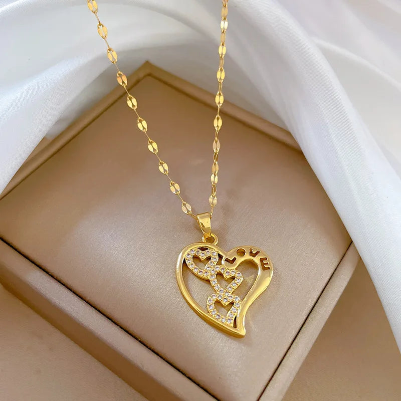 Women's Gold Heart Pendant Necklace | Copper & Zircon Choker Pendant Necklace Nixie