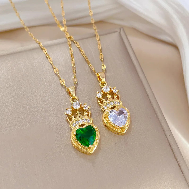Diamond Crown Heart Pendant Necklace | Gold Stainless Steel Choker Pendant Necklace Nixie