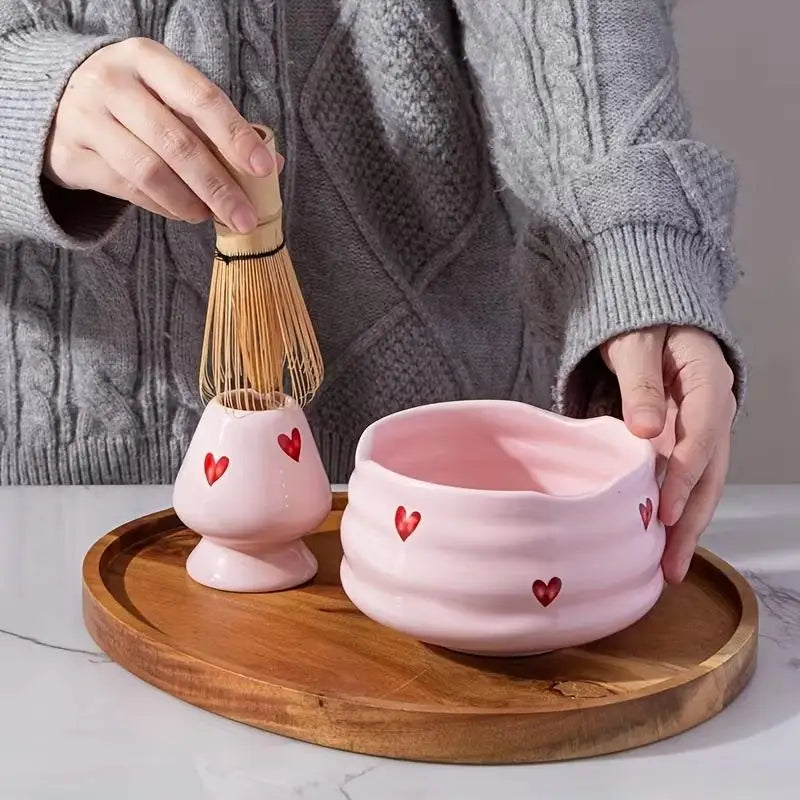 Heart Decal Ceramic Matcha Set – Bowl, Whisk & Bamboo Tools Matcha Tea Set Nixie