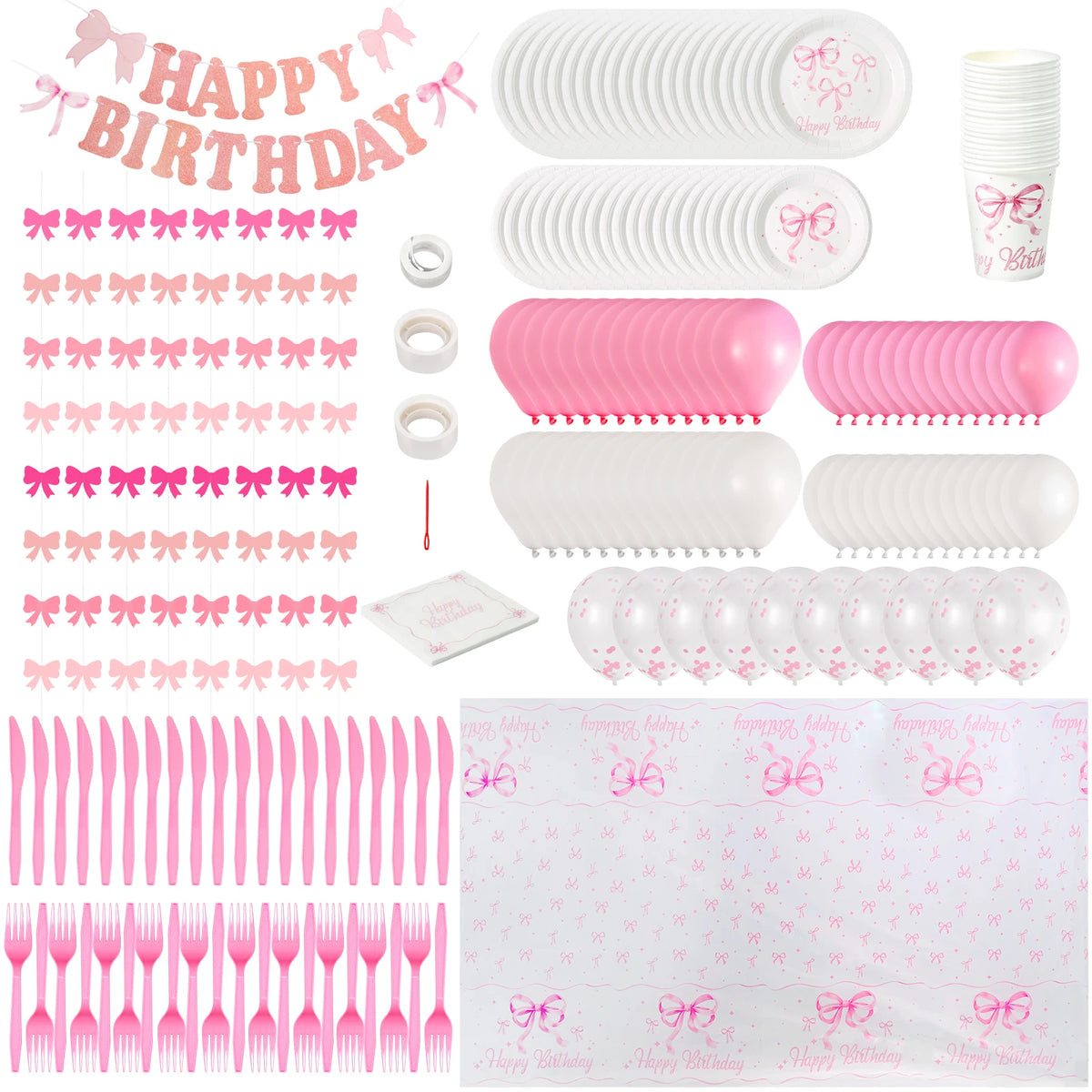 Pink Bow Party Decoration Set – Tableware & Balloons for 20