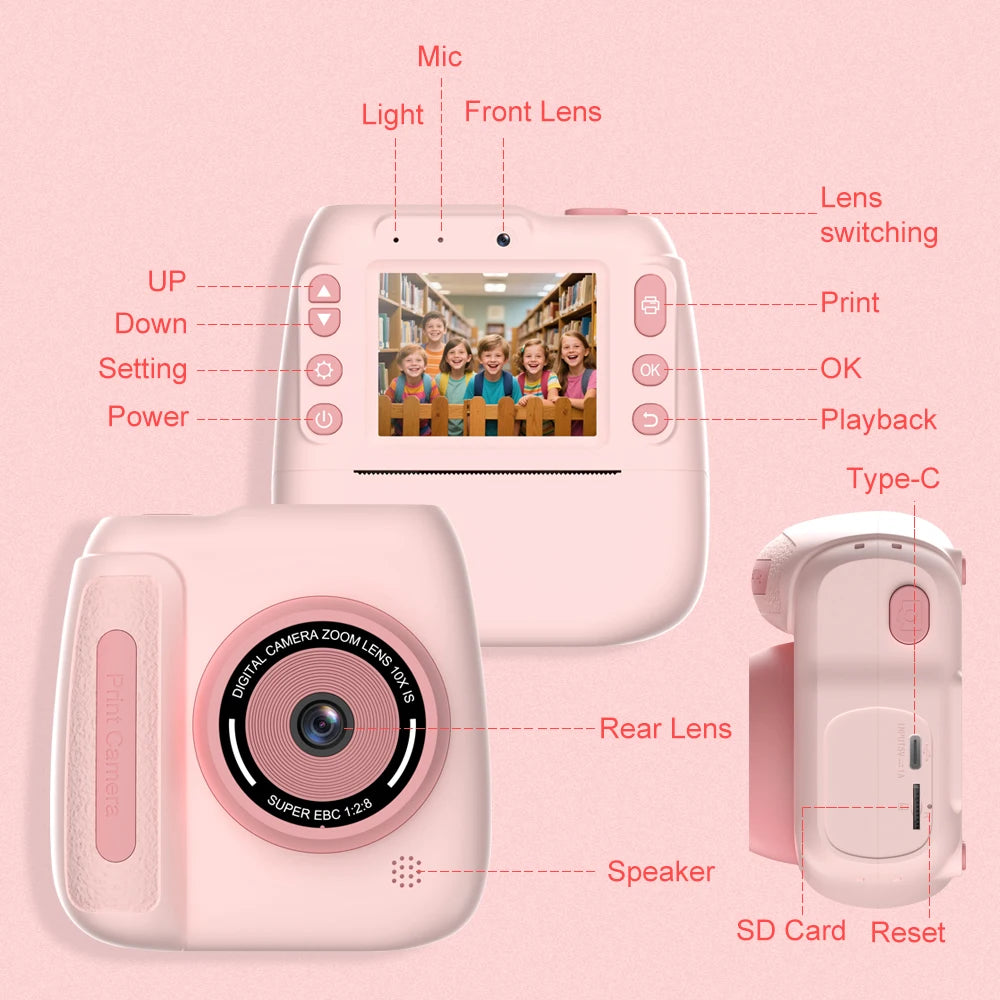 INSTOFC Kids Instant Print Camera 1080P HD Thermal Printer Kids Instant Camera Nixie