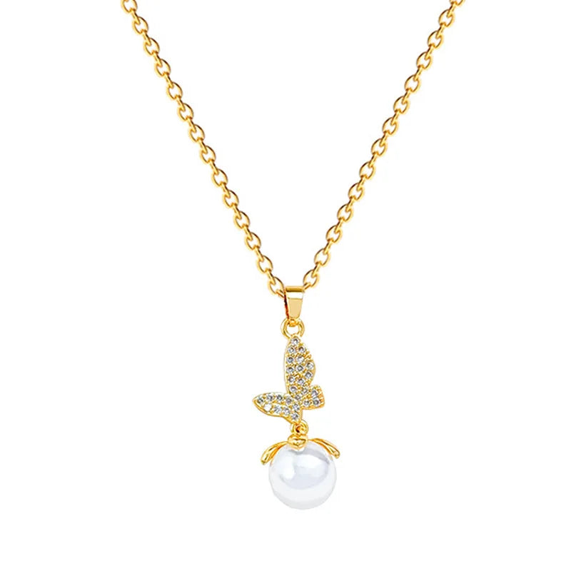 Pearl Butterfly Pendant Choker – Women's Gold Stainless Steel Pendant Necklace Nixie