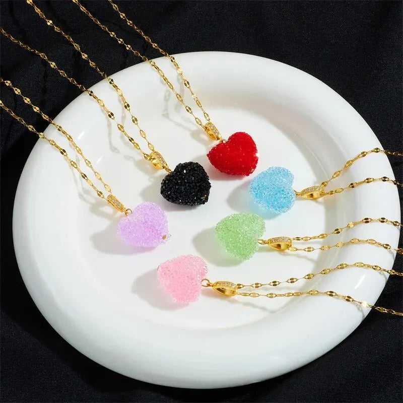 Candy Color Heart Pendant Necklace | Gold Copper & Steel Chain Pendant Necklace Nixie