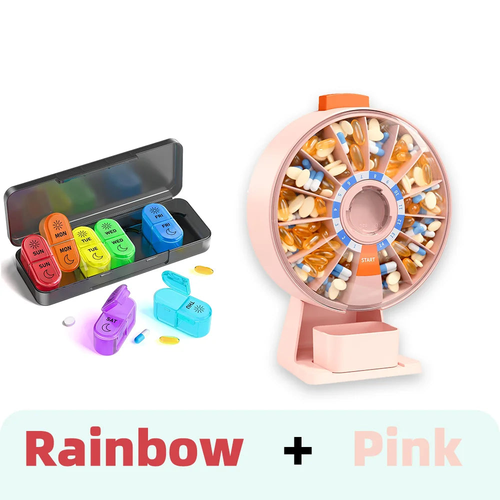 14-Day & 7-Day Pill Organizer Set – Home & Travel Case Pill Organizer Set Nixie Rainbow-Pink