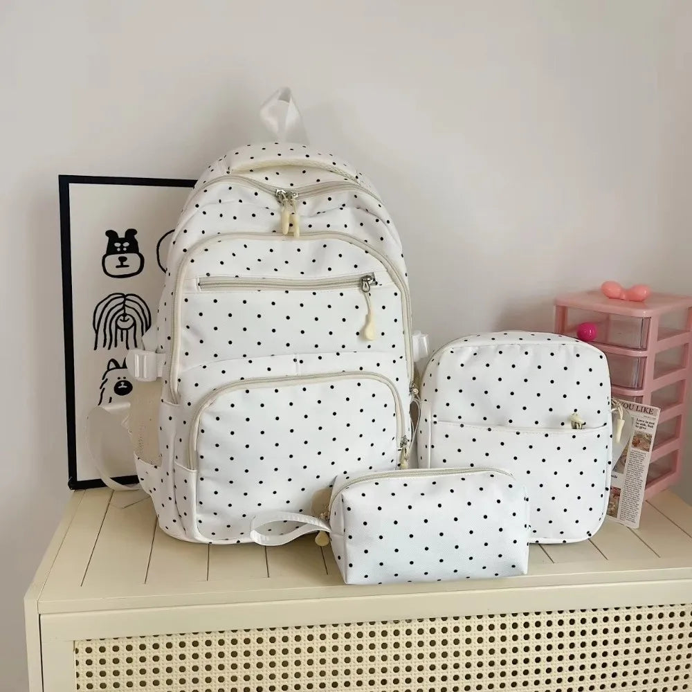 Nylon Polka Dot Girls Backpack Set – Multi Compartment School Bag