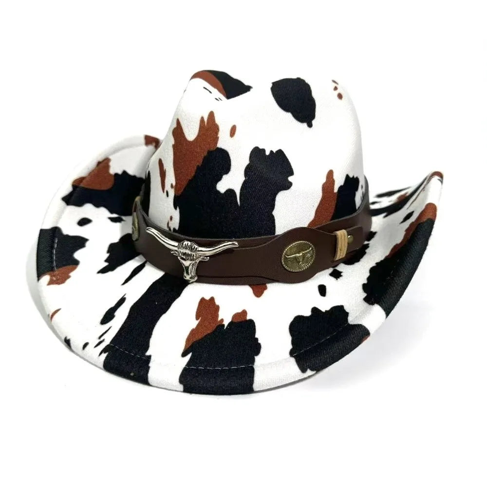 Wide Brim Cow Print Western Cowboy Hat – UV Protection Western Cowboy Hat Nixie White