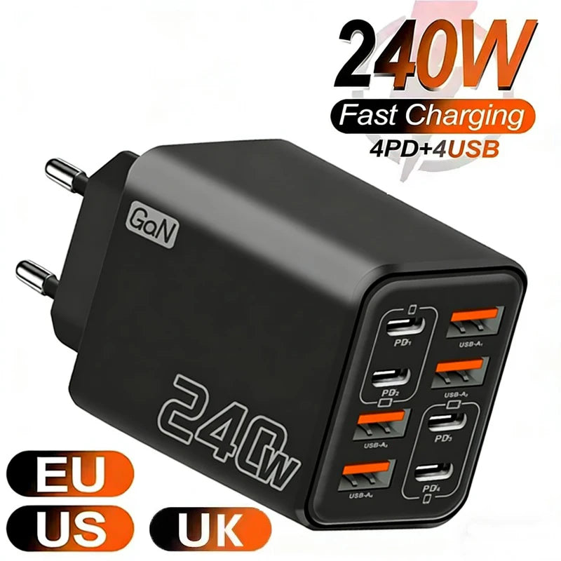 240W GaN 8-in-1 USB-C Fast Charger – EU/US/UK Plug Adapter USB-C GaN Charger Nixie