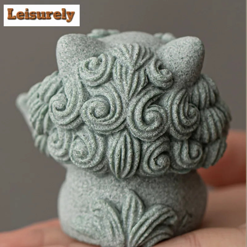 Green Sandstone Lion Tea Pet Ceramic Figurine | Tea Ornament