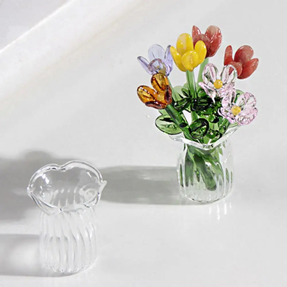 Hand-Blown Glass Flower Bouquet Set with Vase – 7pc Mini Decor Glass Floral Ornament Nixie