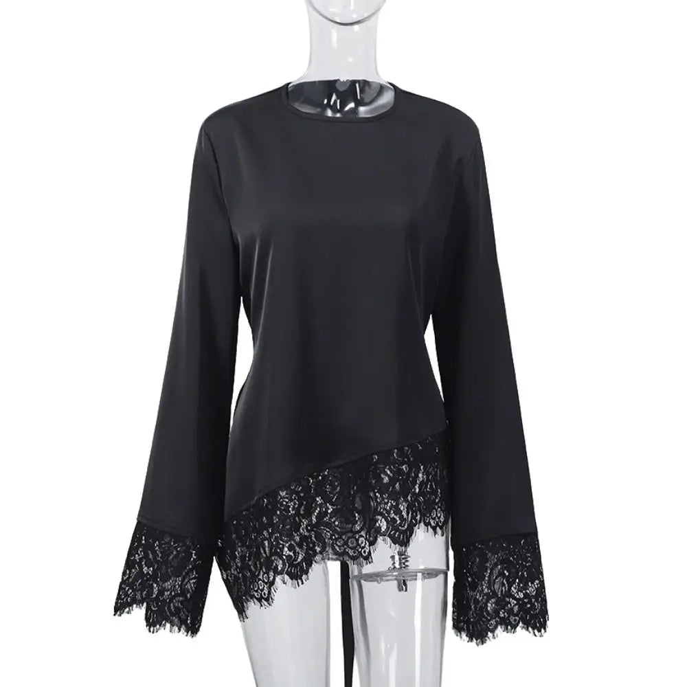 Lace Patchwork Satin Top | Flare Sleeve Elegant Pullover Lace Patchwork Blouse Nixie