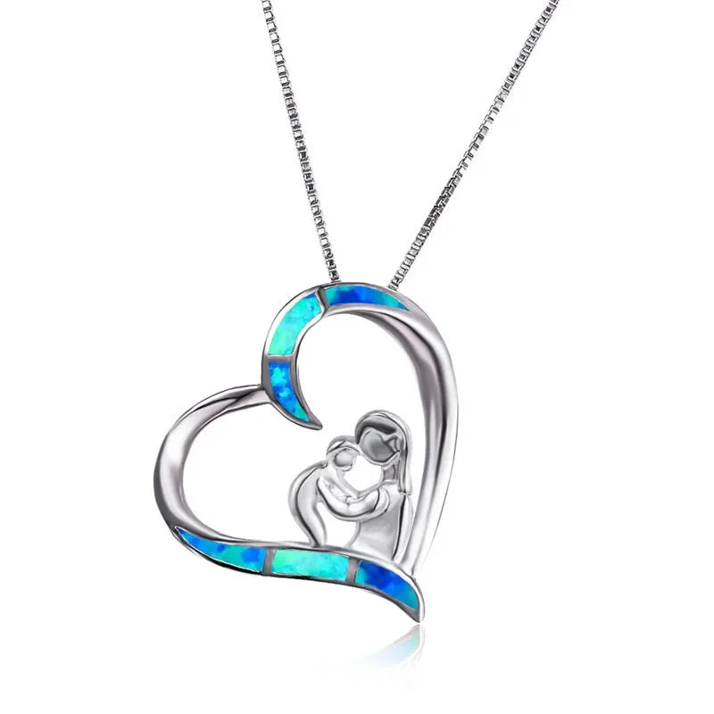 Baby Heart Pendant Necklace Blue Simulated Opal Gift for Mom