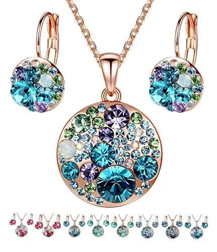 Women's Pendant Necklace & Earring Set – Silver or Rose Gold Jewelry Set Nixie Blue Green-Rose Gold
