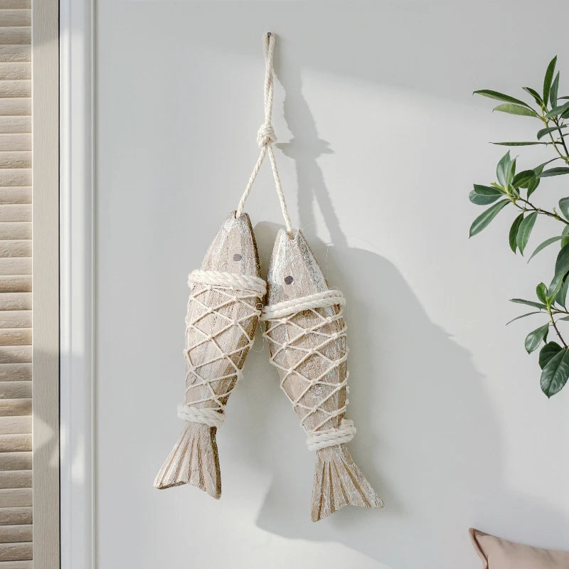 Mediterranean Wooden Fish Skewer Wall Pendant | Retro Carved Decor Wall Pendant Decor Nixie 32x7.7CM L