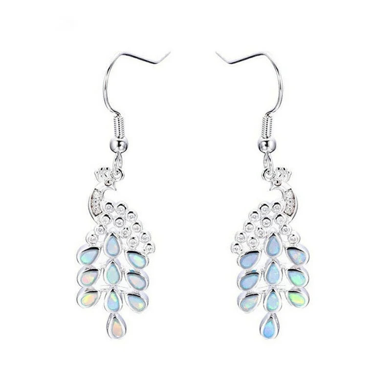 Peacock Silver Simulated Opal Women Long Drop Earrings