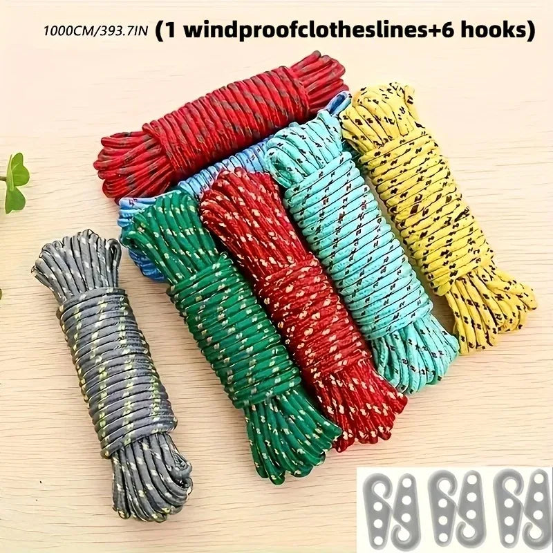 7-Piece Nylon Clothesline Kit – 10M Rope & 6 Hooks Indoor/Outdoor Rope & Hook Kit Nixie