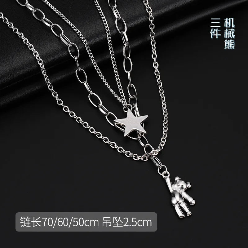 Vintage Hip Hop Rabbit Pentagram Multi-Layer Pendant Necklace Pendant Necklace Nixie Mechanical bear three piece set