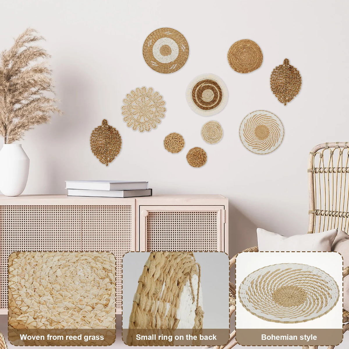 10-Piece Handcrafted Rattan Wall Basket Decor Set | Rustic Boho Woven Wall Basket Set Nixie
