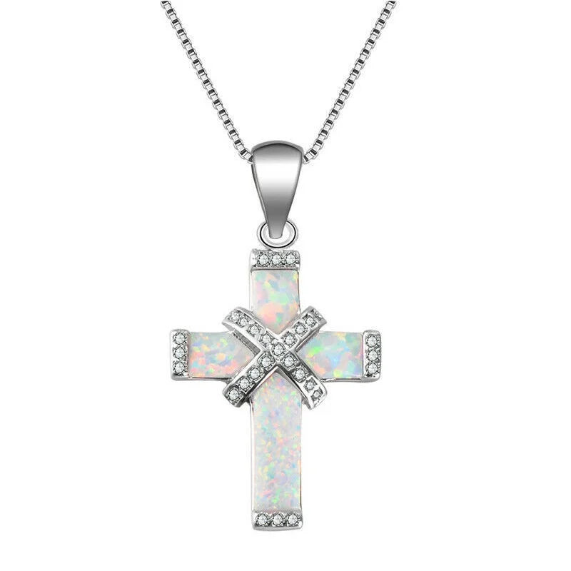 Simulated Opal Cross Pendant Necklace | Silver Women's Jewelry Cross Pendant Necklace Nixie Silver Plated
