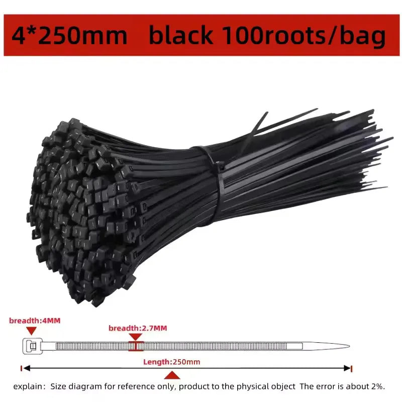 100 PCS Self-Locking Nylon Cable Zip Ties Black & White Cable Zip Ties Nixie 4X250MM
