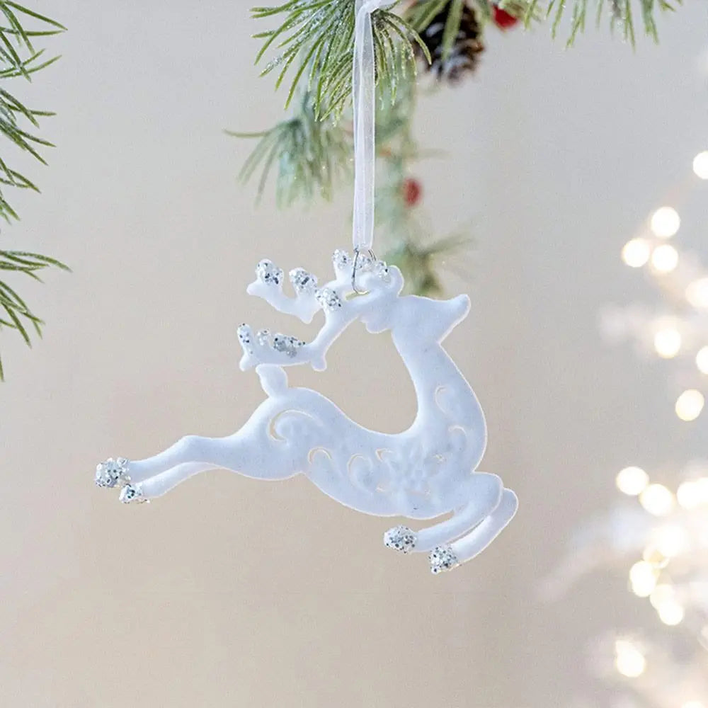 White Christmas Ornaments – Flocking Deer, Wreath & Snowflake Christmas Tree Ornament Nixie