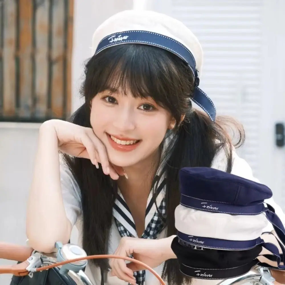 Japanese Sailor Hat Ribbon Bowknot Letter Embroidery Octagonal Cap Sailor Hat Nixie