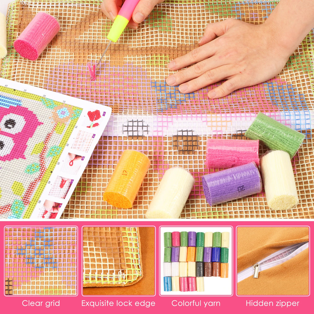 17" DIY Latch Hook Pillow Kit – Yarn Crochet Cushion Cover Craft Latch Hook Craft Kit Nixie