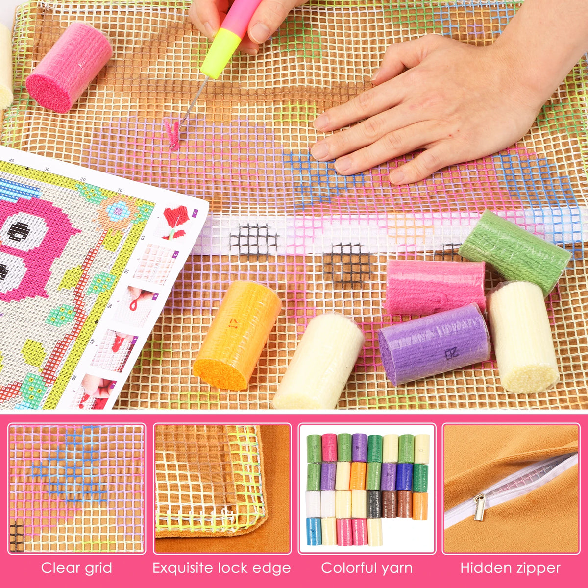 17" DIY Latch Hook Pillow Kit – Yarn Crochet Cushion Cover Craft Latch Hook Craft Kit Nixie