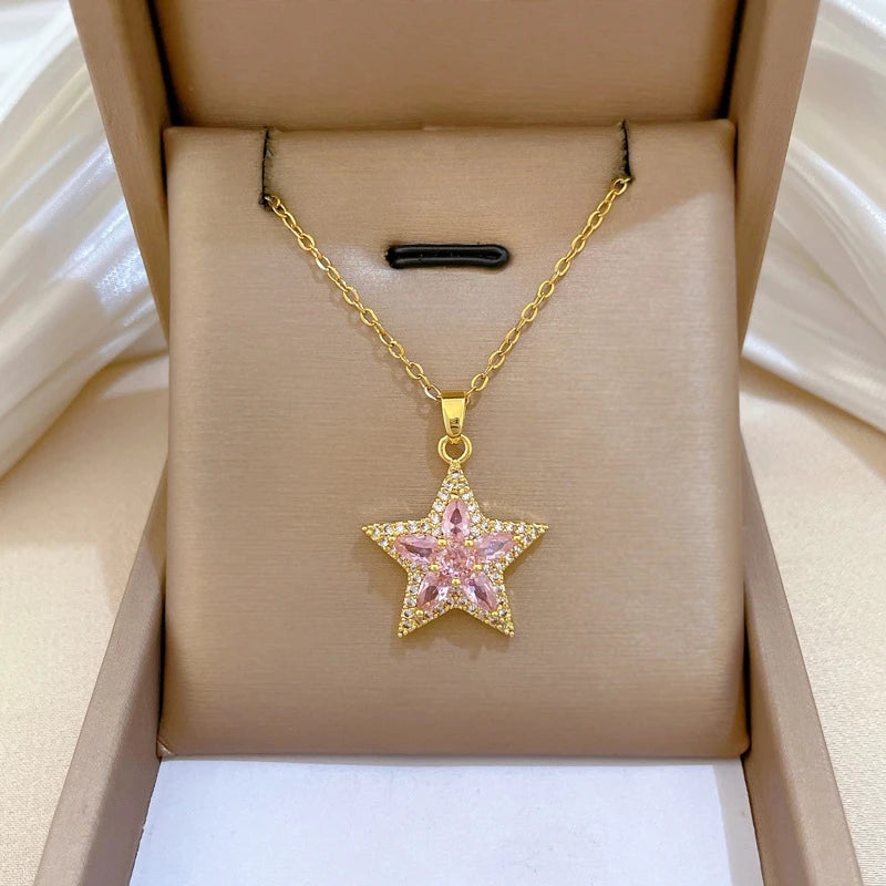 Luxury Pink Star Pendant Choker Necklace – Stainless Steel Pendant Necklace Nixie