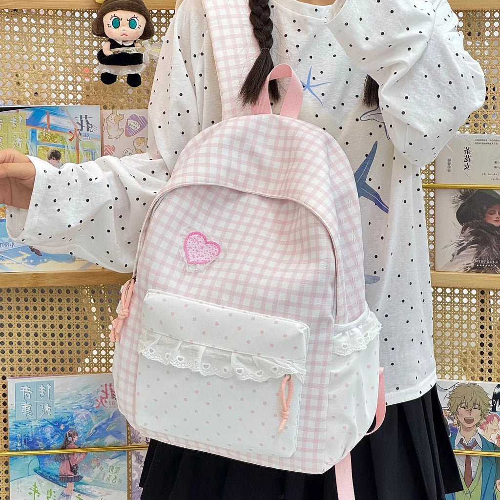 Japanese Style Windproof Plaid Backpack for Women & Girls Women's Backpack Nixie Pink