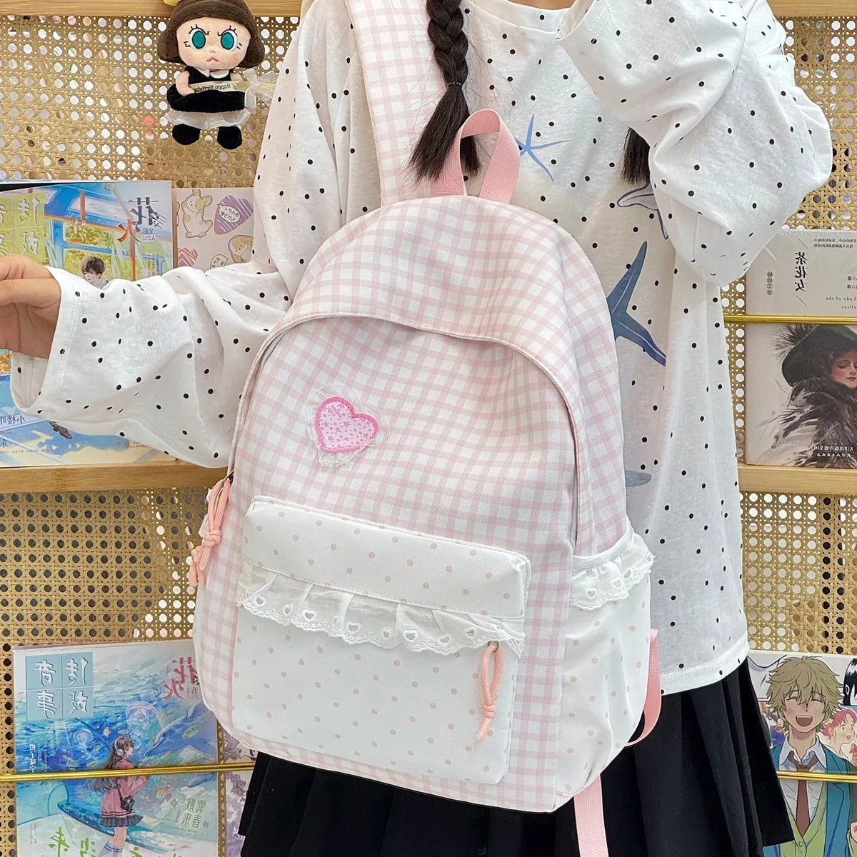 Japanese Style Windproof Plaid Backpack for Women & Girls Women's Backpack Nixie Pink