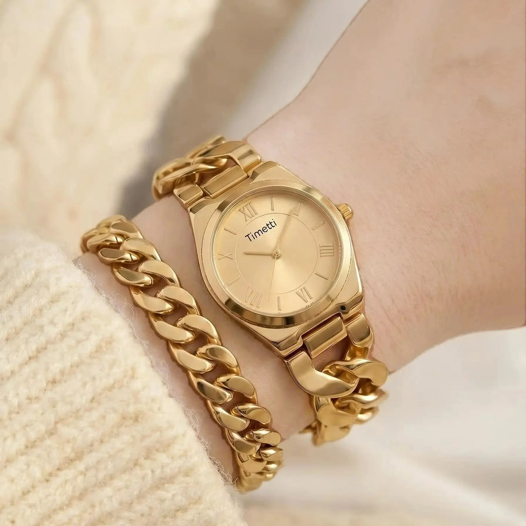 Women's Gold Watch & Bracelet Set | Quartz Roman Numeral Watch & Bracelet Set Nixie