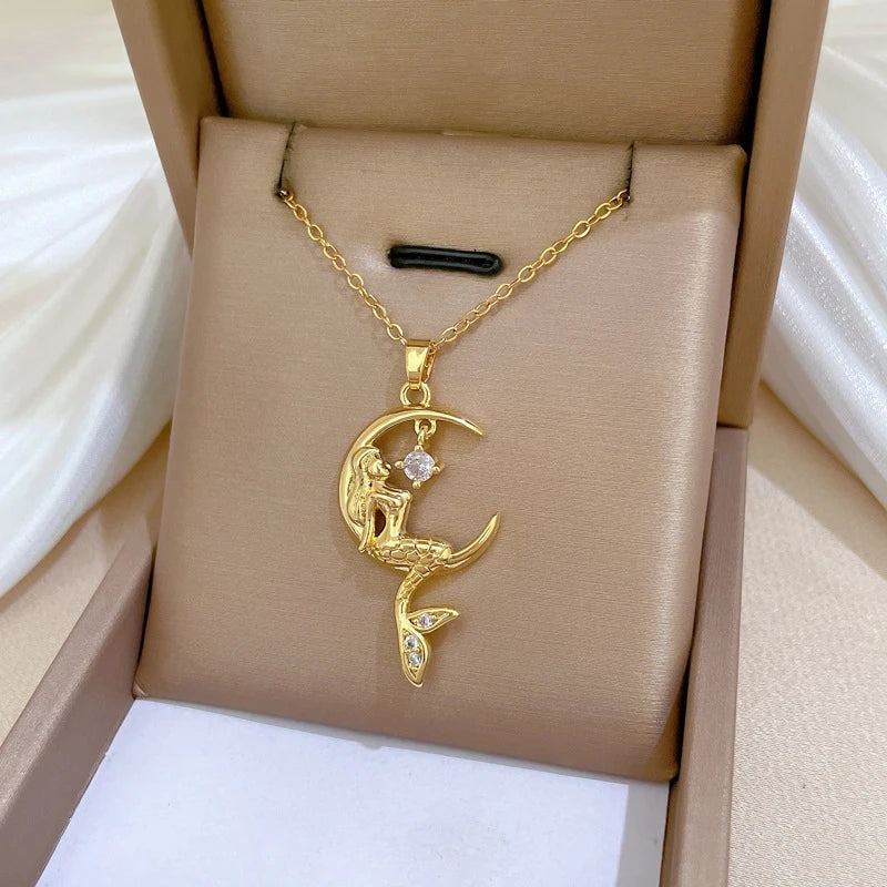 Mermaid Pendant Choker Necklace | Gold Stainless Steel Pendant Choker Necklace Nixie