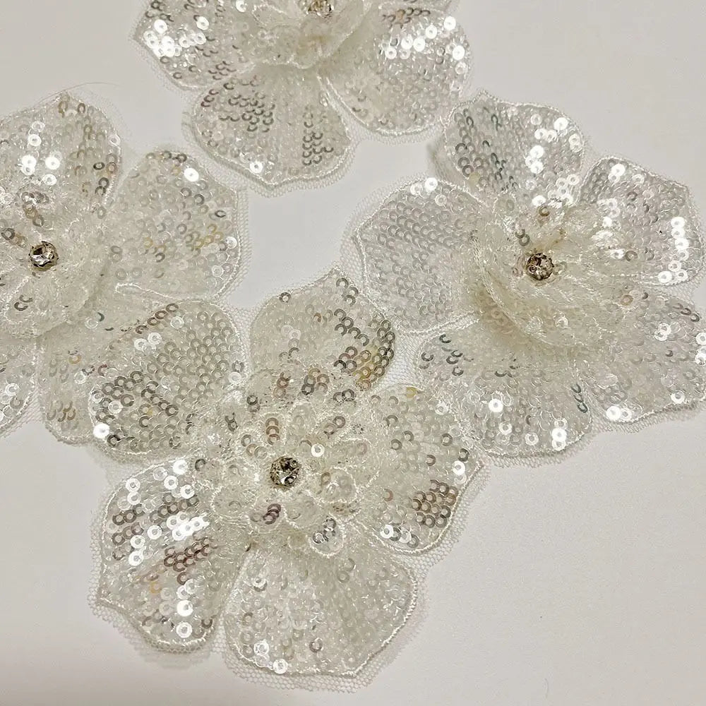 3D Sequin Beaded Lace Patches – Bridal Flower & Leaves Design Lace Applique Patch Nixie